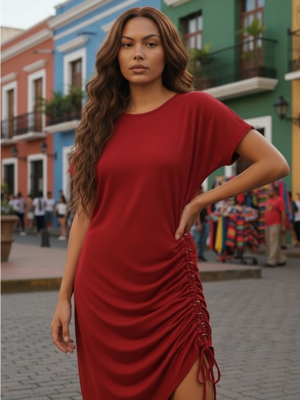 Michael Kors Red Ruched Side Midi Dress